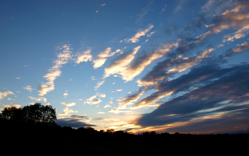 Clouds at Sunset — Blue, Serene, Photograph, Sky, Trees, Sun