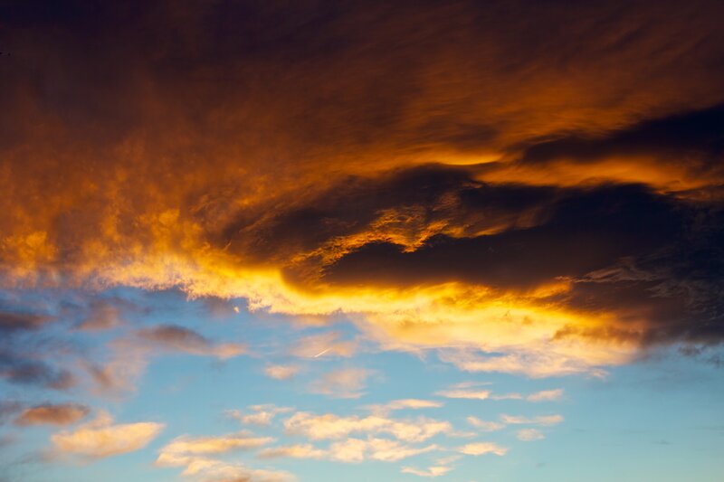 Clouds at Sunset — Orange, Dramatic, Photograph, Sky, Airplane, Blue, Yellow