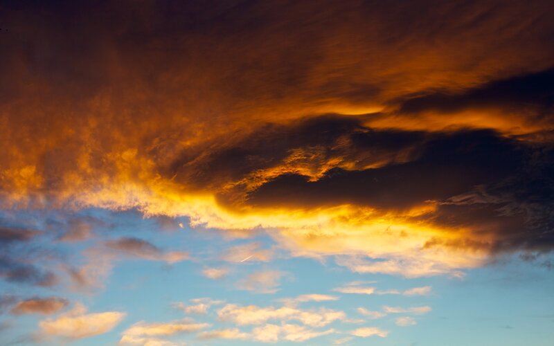 Clouds at Sunset — Orange, Dramatic, Photograph, Sky, Airplane