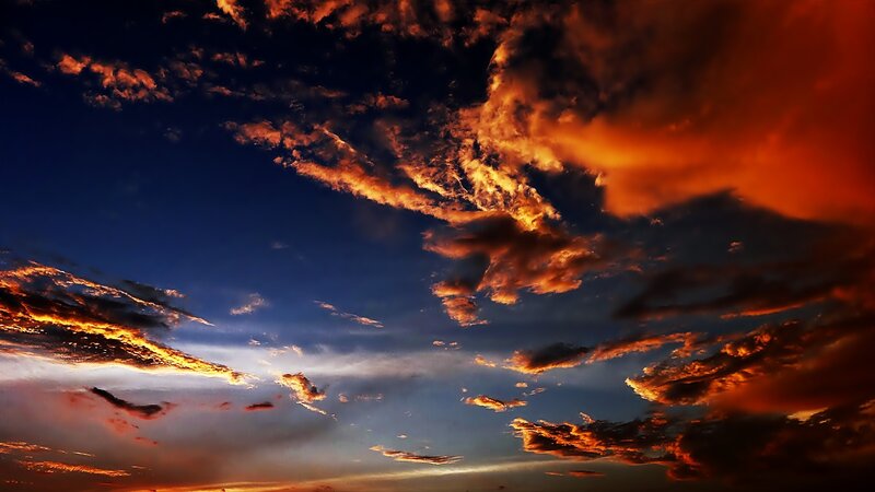 Clouds at Sunset — Orange, Dramatic, Photograph, Sky, Sunlight, Blue, Black