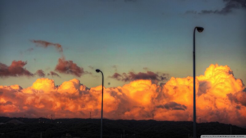 Clouds at Sunset — Orange, Dramatic, Photograph, Streetlights