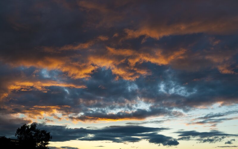 Clouds at Sunset — Orange, Dramatic, Photograph, Trees, Sky, Blue