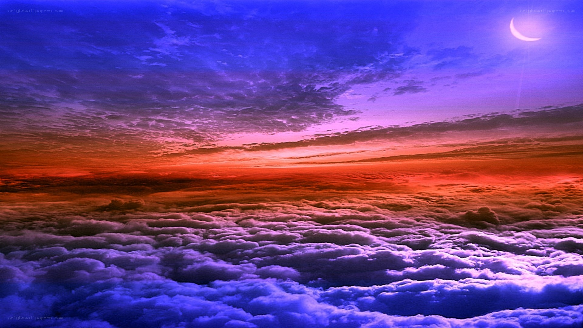 clouds at sunset with crescent moon
