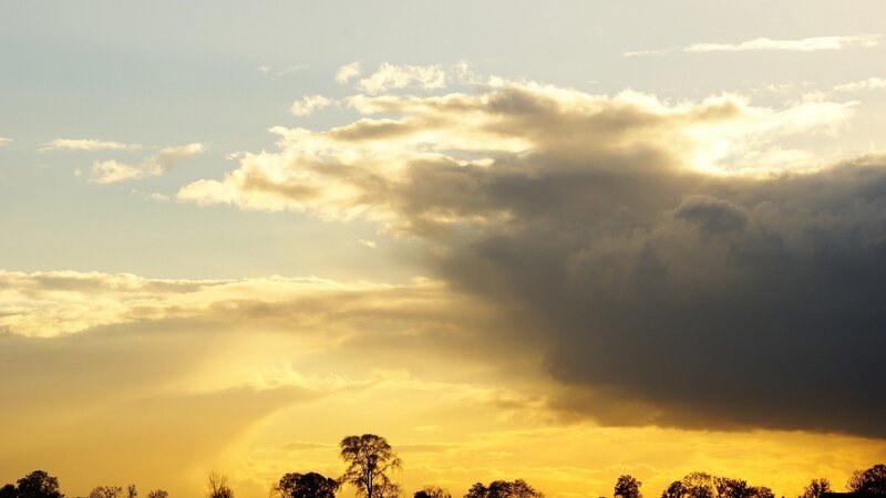 Clouds at Sunset — Yellow, Dramatic, Photograph, Trees, Sky, Gray