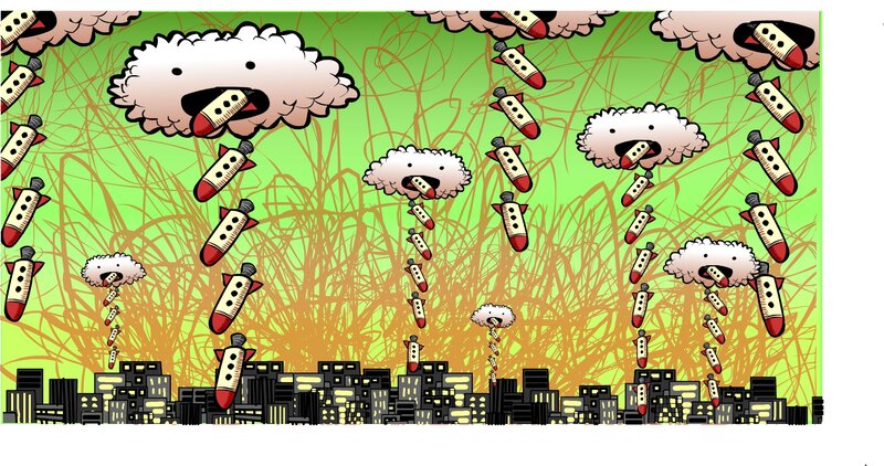 clouds dropping missiles