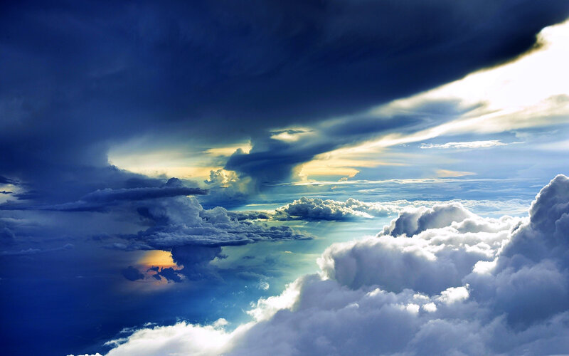Clouds from Above — Blue, Dramatic, Sunset, Photograph, Sky, Sunlight, Storm Clouds