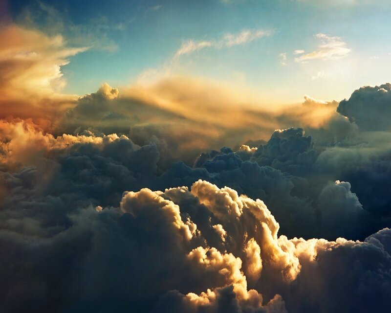 Clouds from Above — Blue, Dramatic, Sunset, Photograph, Sky, Sunlight, White, Gold