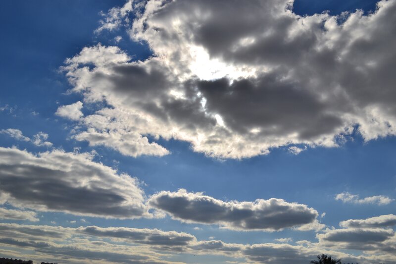 Clouds in Blue Sky — Dramatic, Afternoon, Photograph, Sunlight, White, Gray