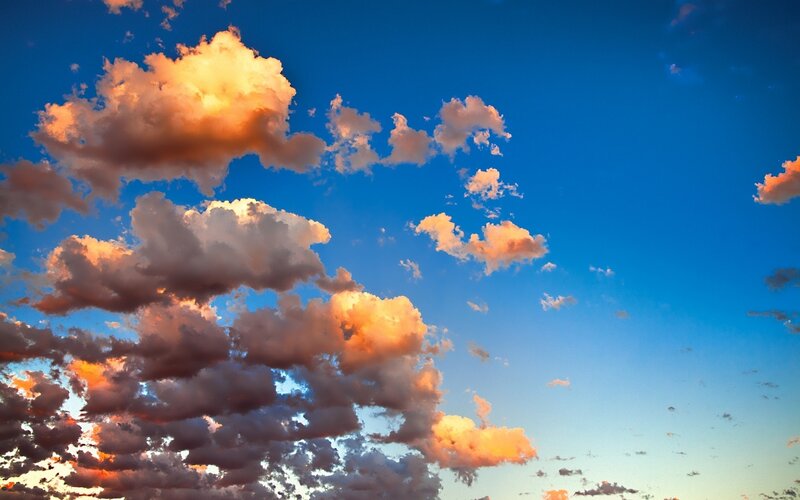 Clouds in Blue Sky — Dramatic, Sunset, Photograph, Sunlight, Orange