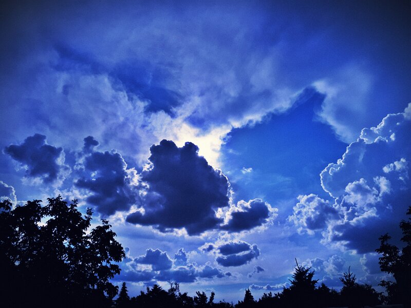 Clouds in Blue Sky — Dramatic, Sunset, Photograph, Trees, Sun