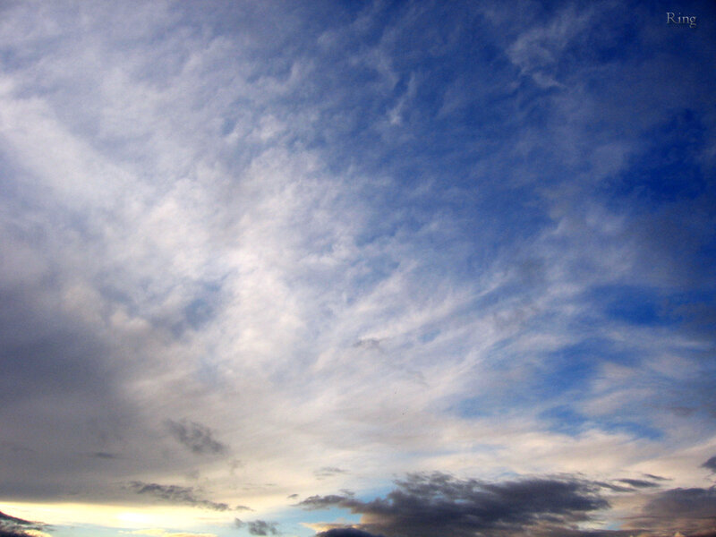 Clouds in Blue Sky — Serene, Sunset, Photograph, White, Gray