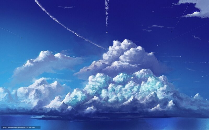 Clouds over Ocean — Blue, Serene, Afternoon, Digital Art, Airplanes