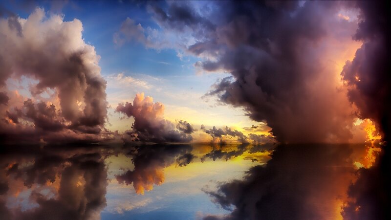 Clouds over Water — Blue, Dramatic, Sunset, Photograph, Sky, Reflection