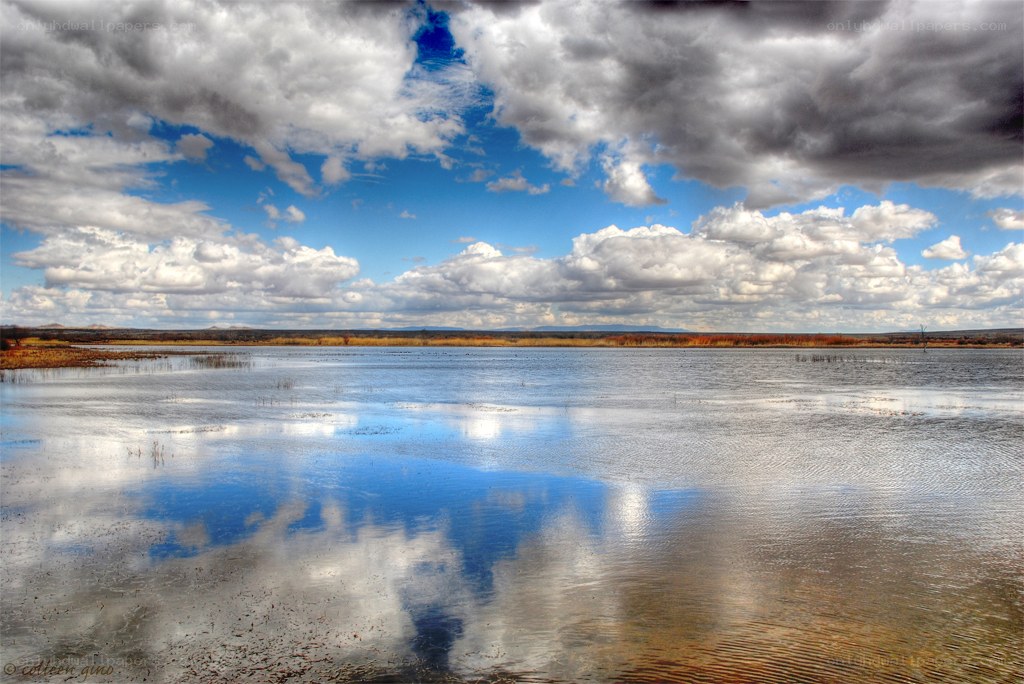 Clouds reflected in a calm lake