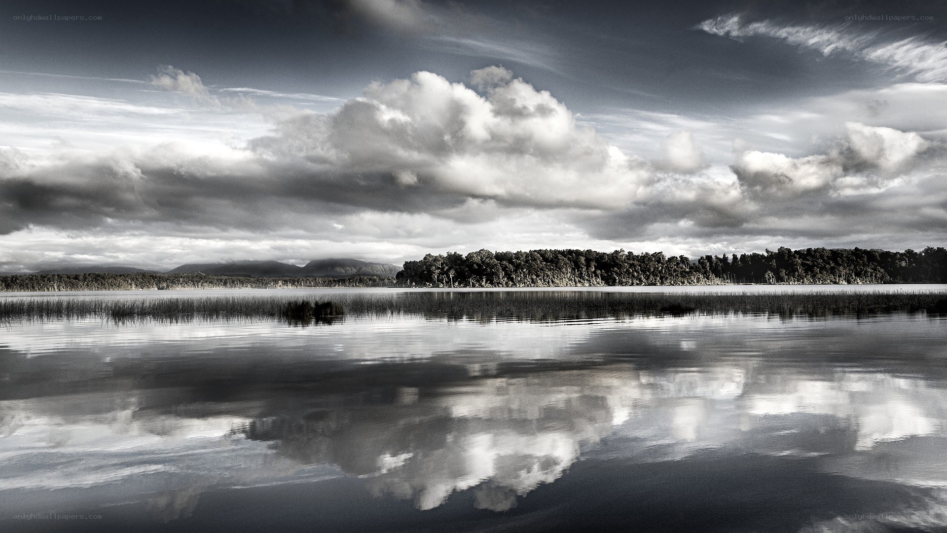 Clouds reflected in a calm lake