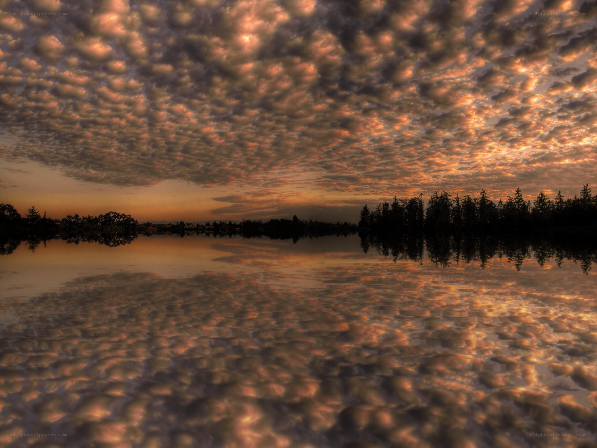Clouds reflected in a lake at sunset