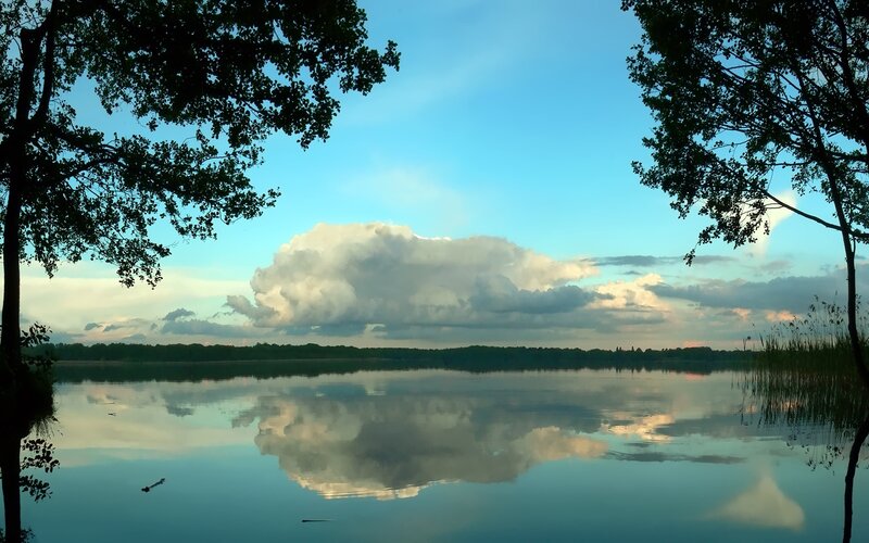 Clouds Reflected in Lake — Blue, Serene, Sunset, Photograph, Trees