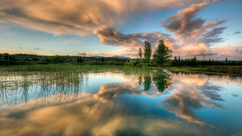 Clouds Reflected in Pond — Blue, Serene, Sunset, Photograph
