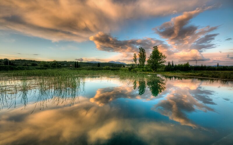Clouds Reflected in Pond — Blue, Serene, Sunset
