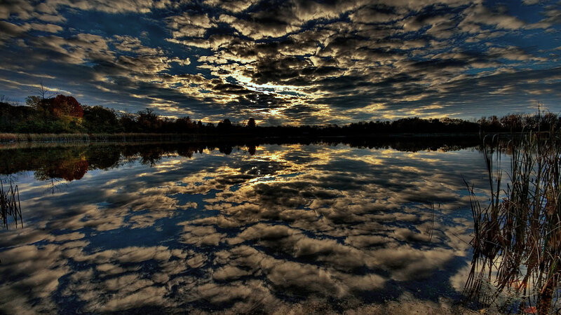 Clouds Reflecting in Lake — Blue, Dramatic, Sunset, Photograph, Sky