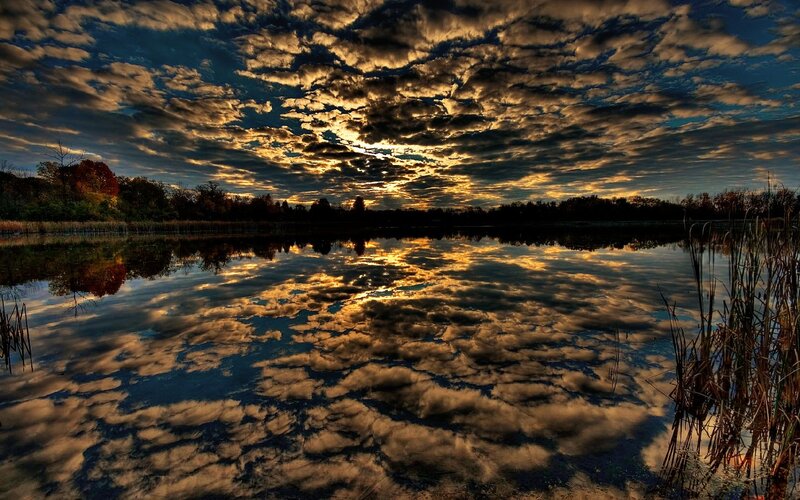 Clouds Reflecting in Lake — Blue, Dramatic, Sunset, Photograph, Sky, Trees