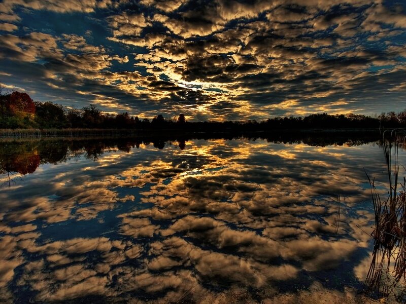 Clouds Reflecting in Lake — Blue, Dramatic, Sunset, Photograph, Sky, Trees, Water, Yellow