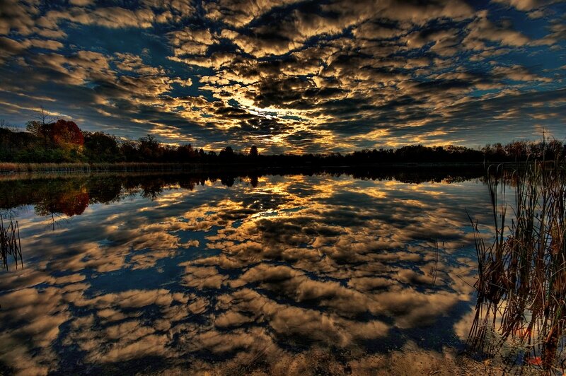 Clouds Reflecting in Lake — Blue, Dramatic, Sunset, Photograph