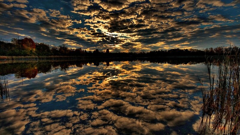 Clouds Reflecting in Lake — Blue, Dramatic, Sunset