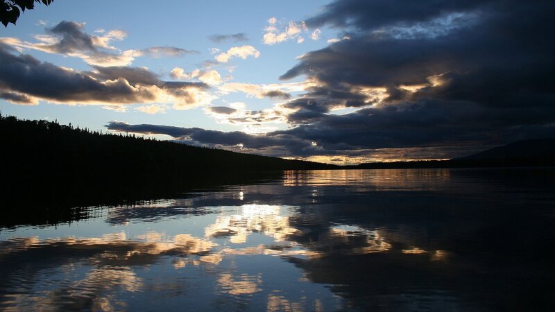 Clouds Reflecting in Lake — Blue, Serene, Sunset, Photograph, Sky, Trees, Water, Gray, Yellow