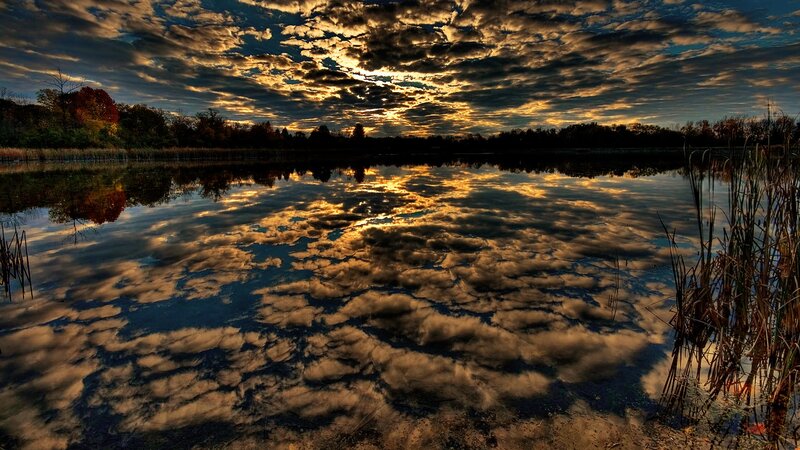 Clouds Reflecting in Lake — Gold, Dramatic