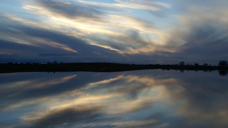 Clouds Reflecting in Water — Blue, Serene, Sunset, Photograph, Sky