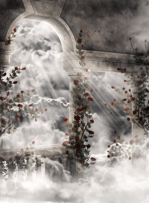 clouds through stone archway