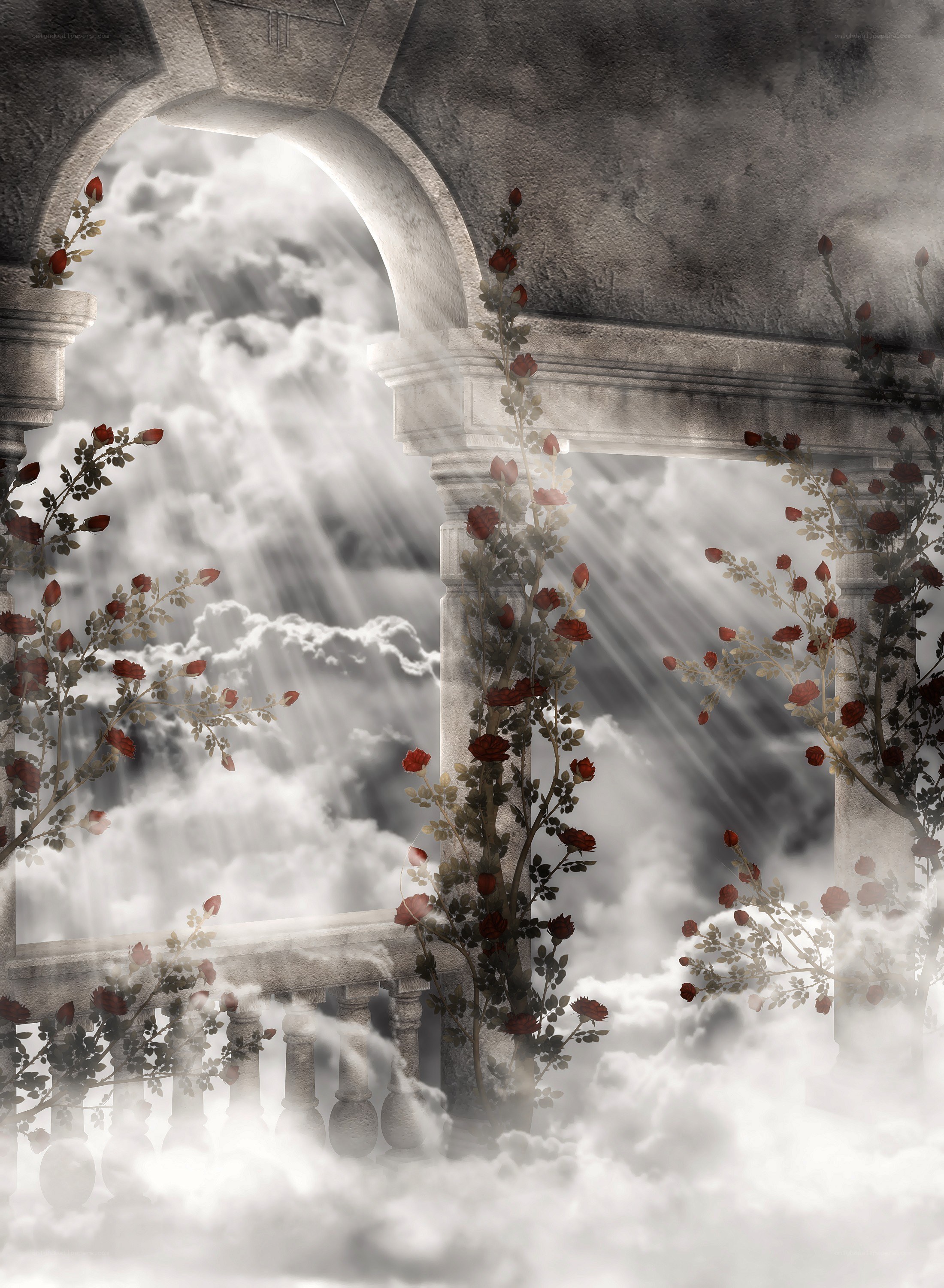 clouds through stone archway