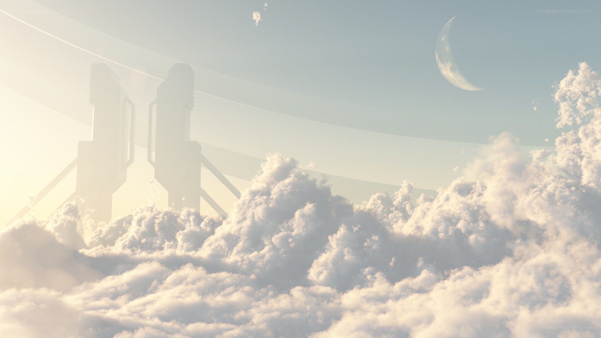 clouds with moon and structures