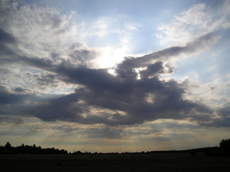 Clouds with Sun Rays — Blue, Dramatic, Sunset, Photograph, Sky, Field, Trees