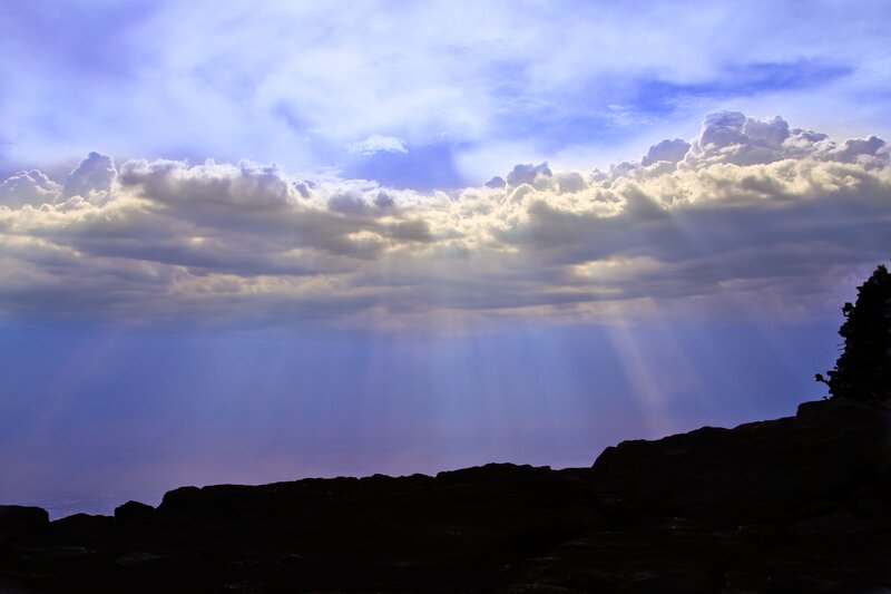 Clouds with Sunbeams — Blue, Dramatic, Sunset, Photograph, Sky, Rocks