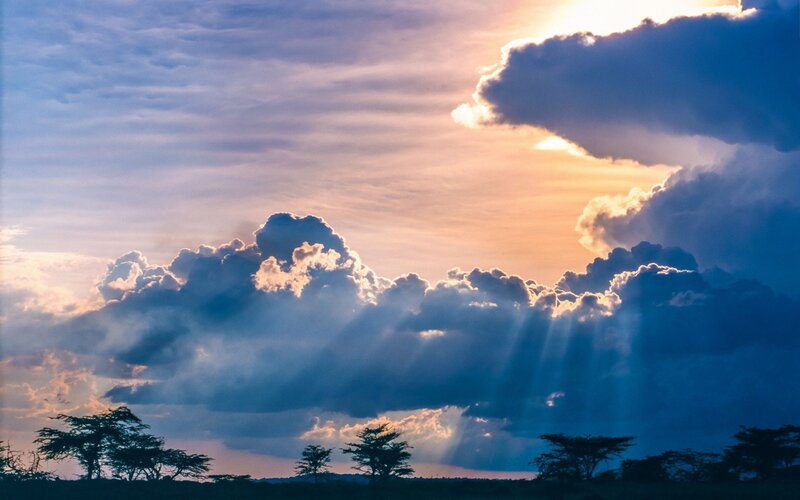 Clouds with Sunbeams — Blue, Dramatic, Sunset, Photograph, Trees