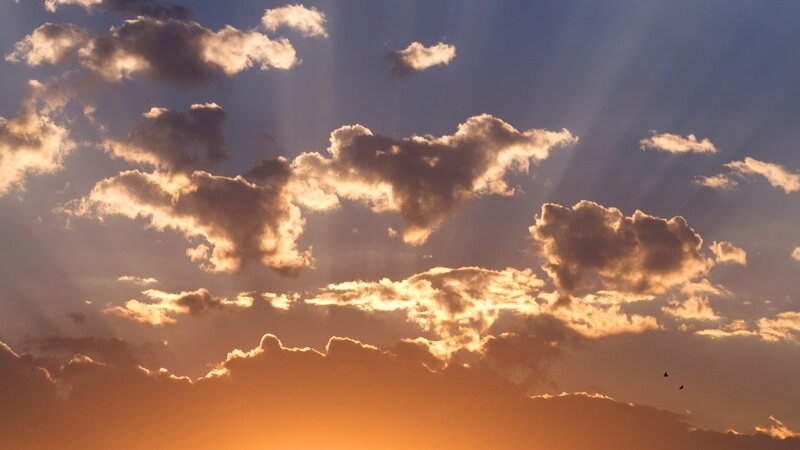Clouds with Sunbeams — Orange, Dramatic, Sunset, Photograph, Birds, Blue