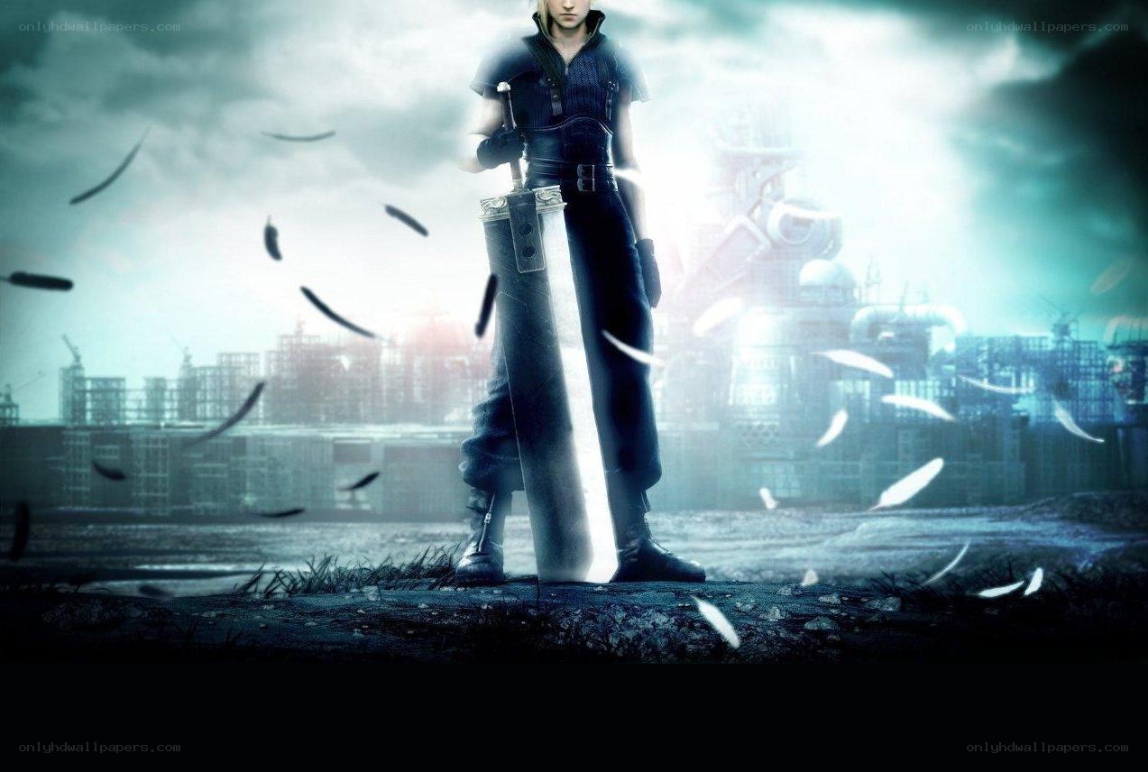 Cloudy city with sword-wielding character