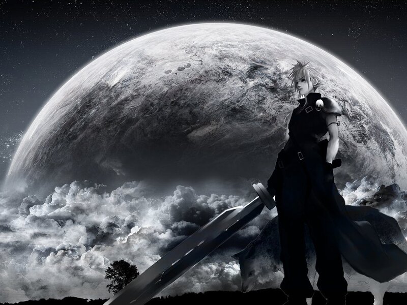Cloudy planet with sword-wielding character