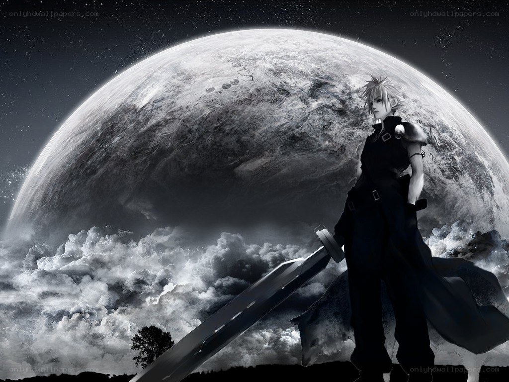 Cloudy planet with sword-wielding character
