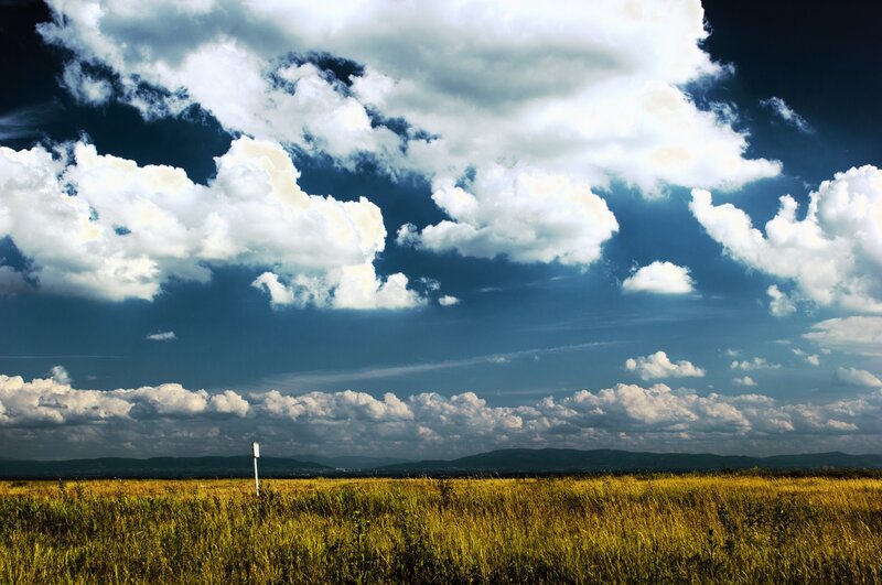 Cloudy sky over a grassy field