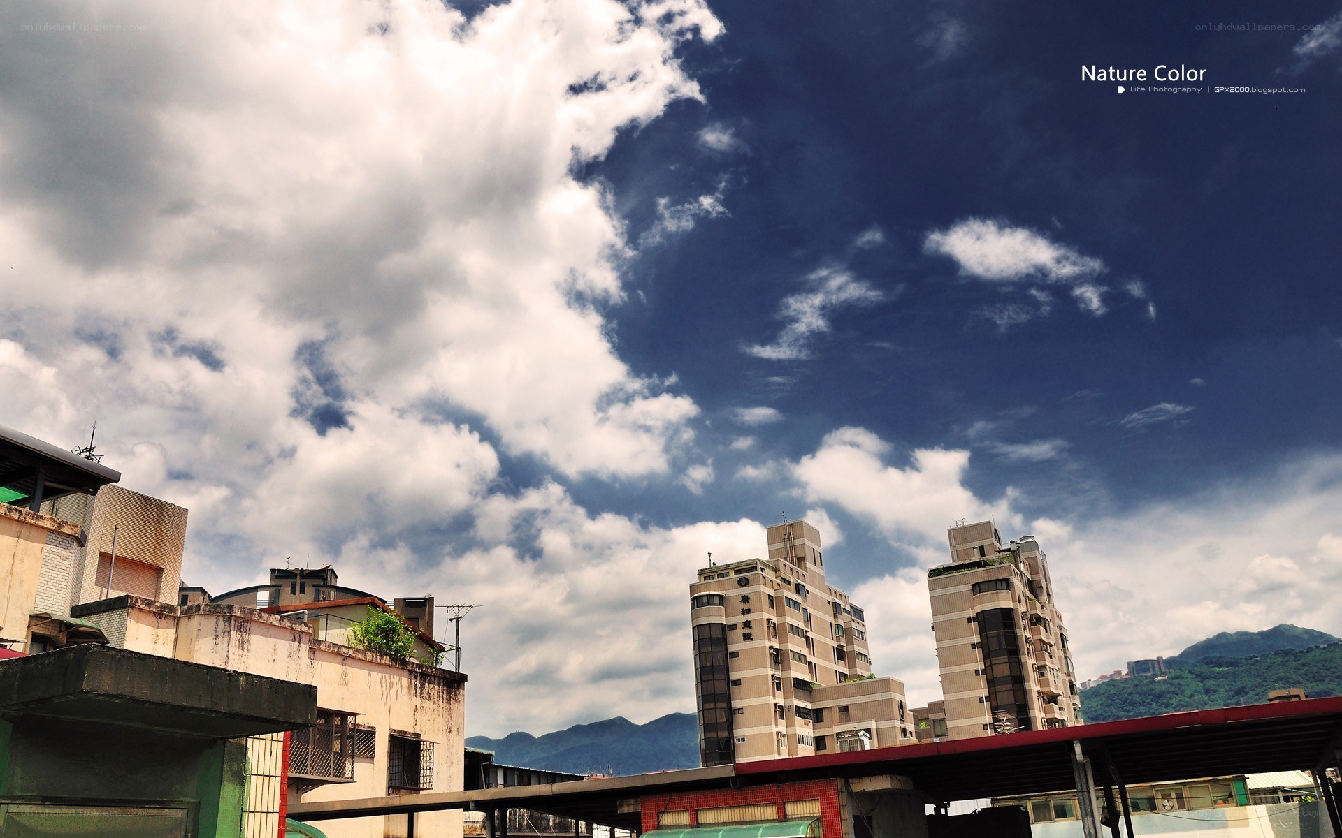 Cloudy sky over city buildings