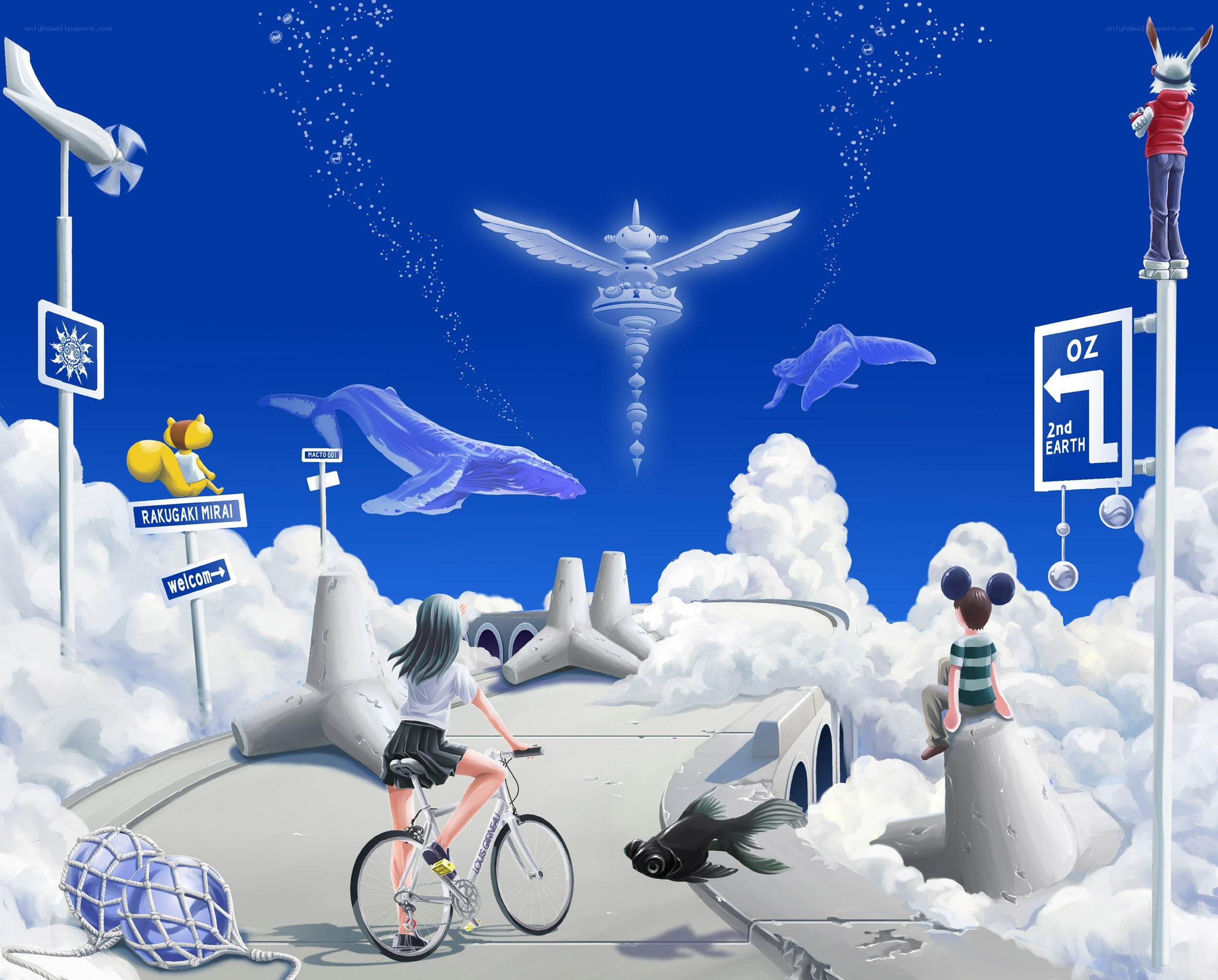 Cloudy sky with whales and bicycles