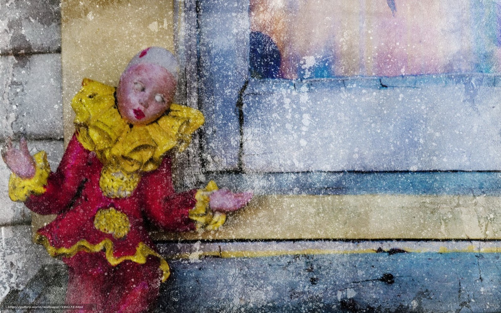 clown doll in snowy window