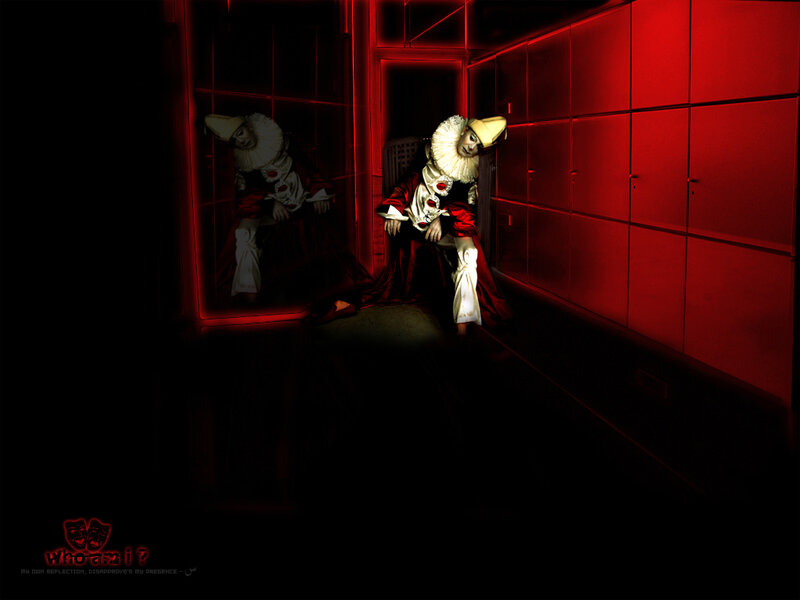 clown in a red-lit hallway