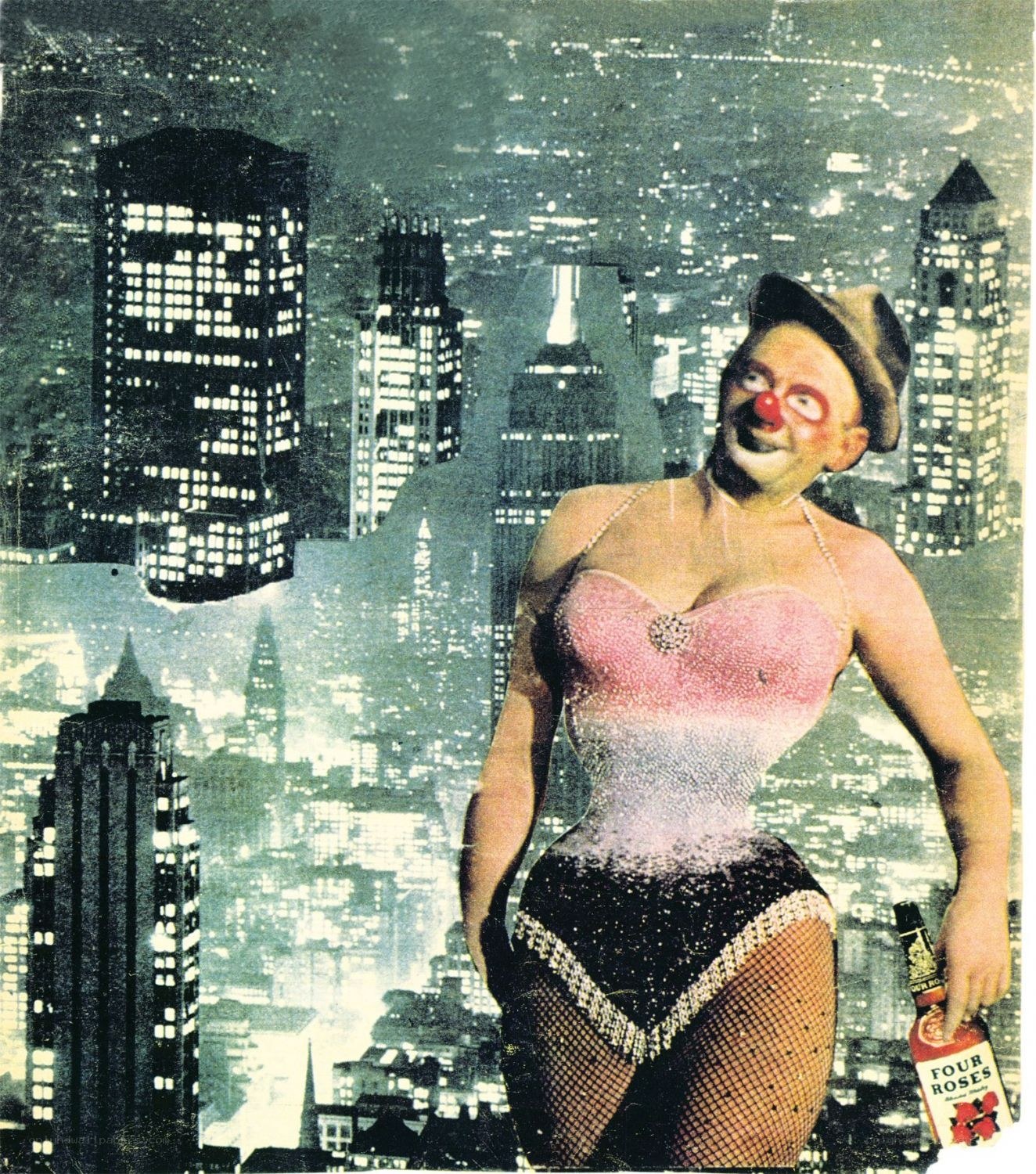 clown in cityscape collage