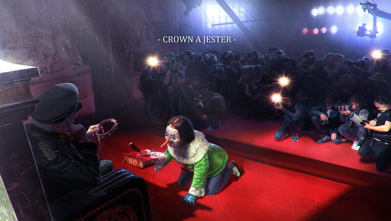 Clown Kneeling on Red Carpet