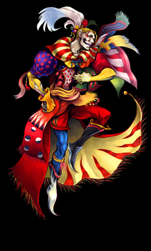 clown-like character in vibrant costume