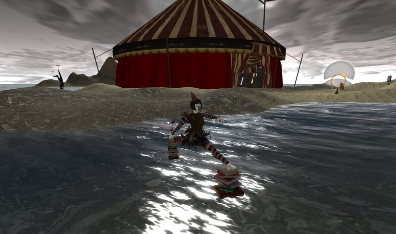 clown on books in water